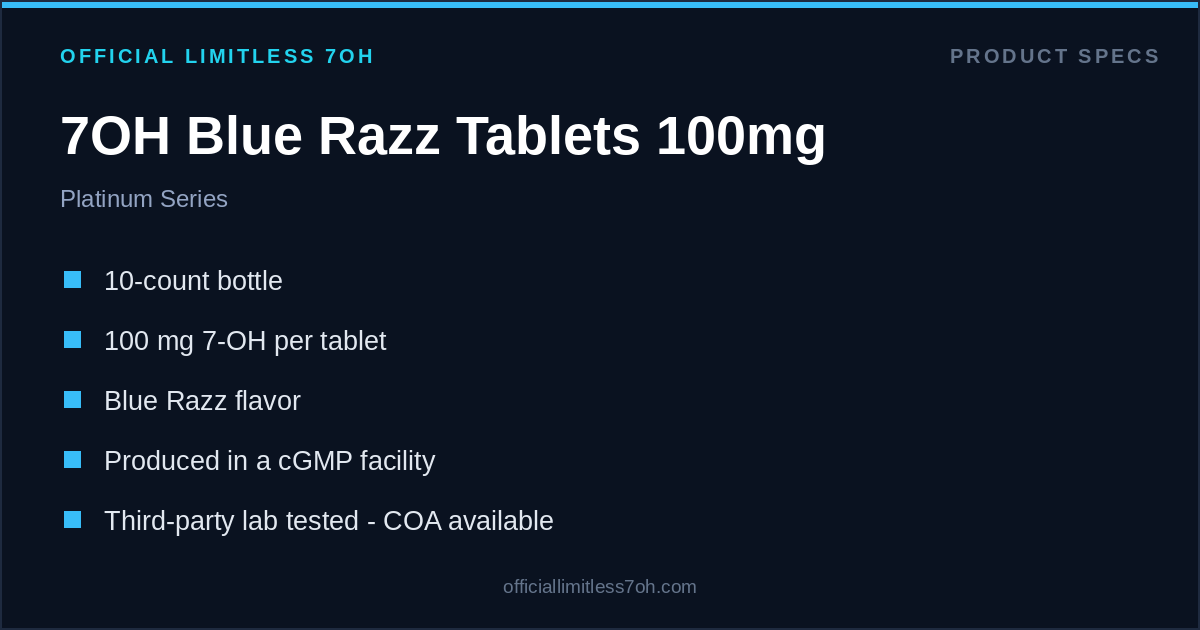 7OH Blue Razz Tablets 100mg spec card: 10 count, 100 mg per tablet, lab tested, COA available