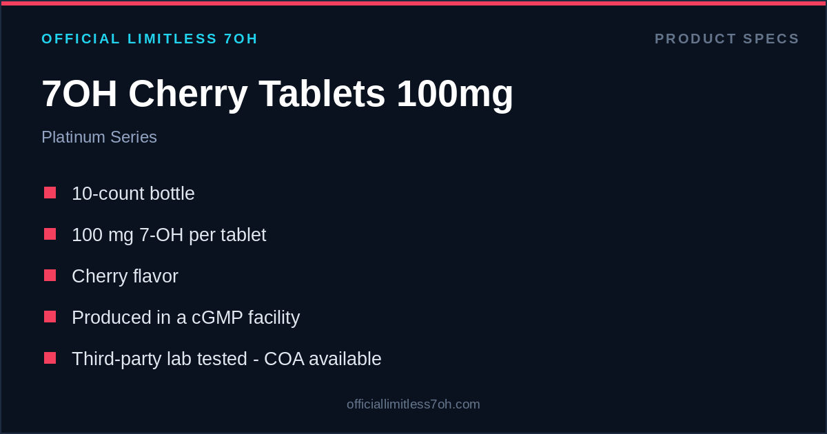 7OH Cherry Tablets 100mg spec card: 10 count, 100 mg per tablet, lab tested, COA available