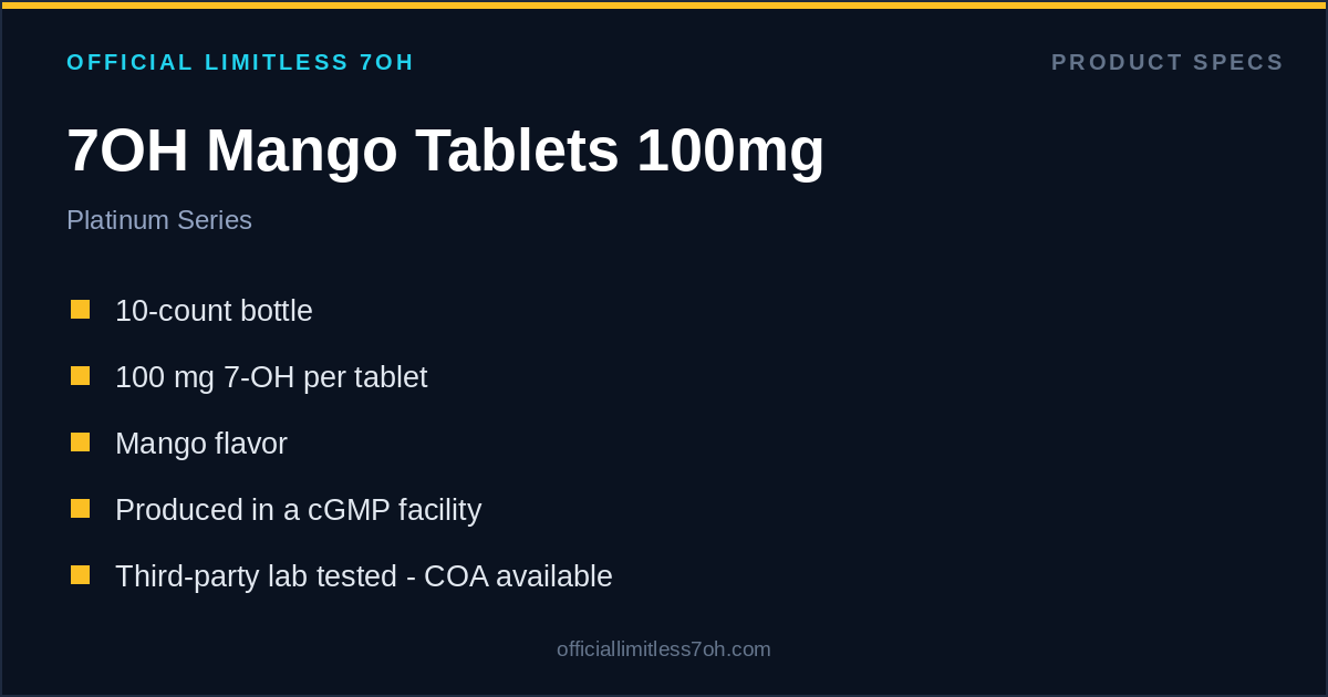 7OH Mango Tablets 100mg spec card: 10 count, 100 mg per tablet, lab tested, COA available