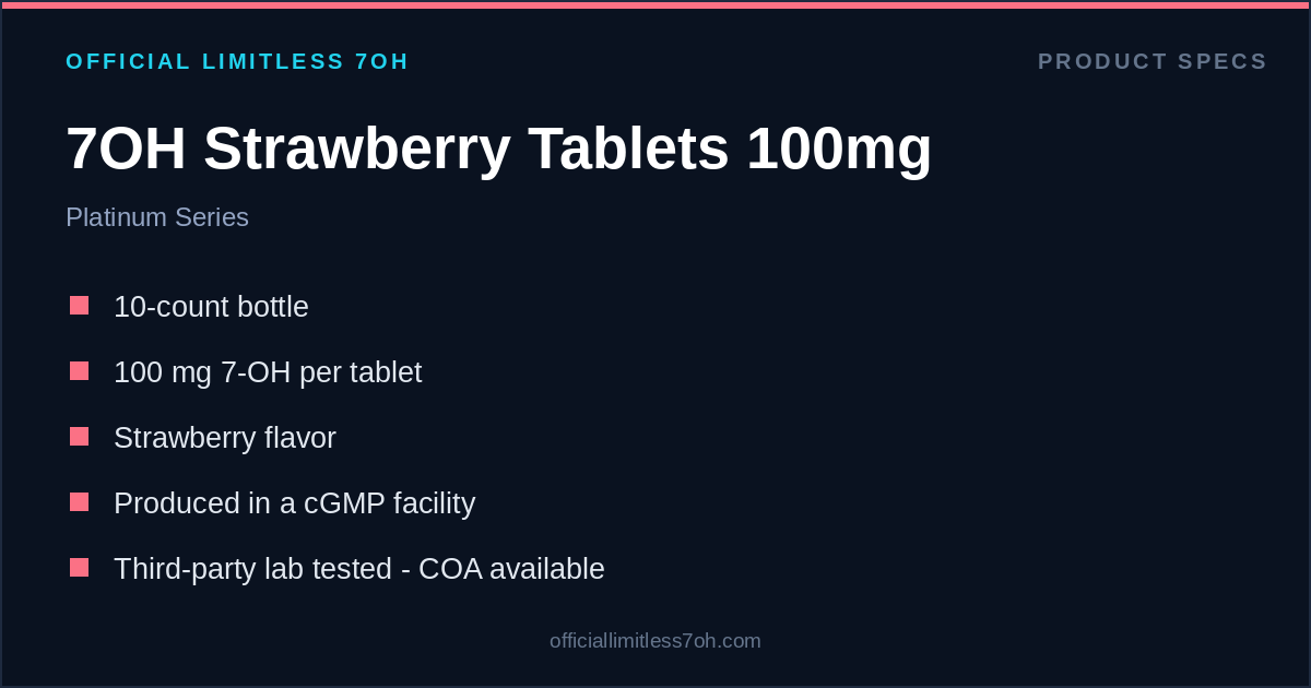 7OH Strawberry Tablets 100mg spec card: 10 count, 100 mg per tablet, lab tested, COA available