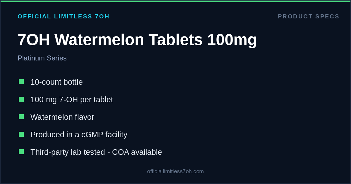 7OH Watermelon Tablets 100mg spec card: 10 count, 100 mg per tablet, lab tested, COA available